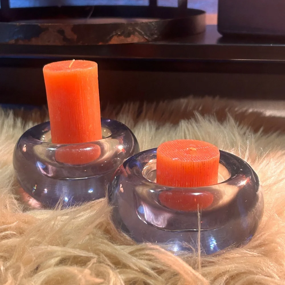 Crate and Barrel purple glow tea light holders glass